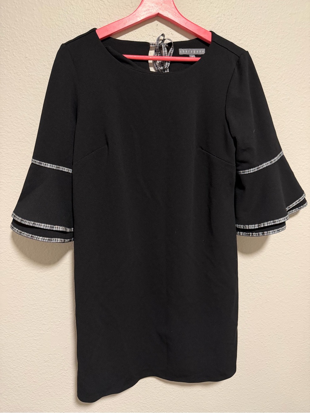 Sharagano Black‎ Bell Sleeve Dress Size 10P Petite Plaid Trim Tie Back